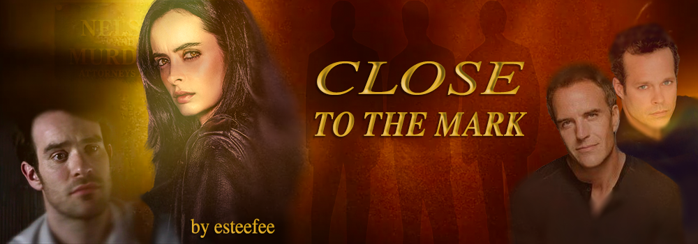 Under a red and gold glow, Matt and Jessica look up on the left, and Jim and Blair on the right. The gold text in the middle reads Close to the Mark, and behind it, three shadowy figures lurk.