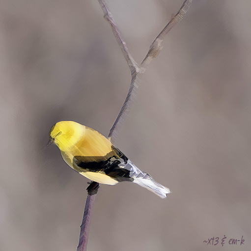 An impressionist painting of a goldfinch--black and white striped wings and brilliant yellow body--sitting on a silver twig.