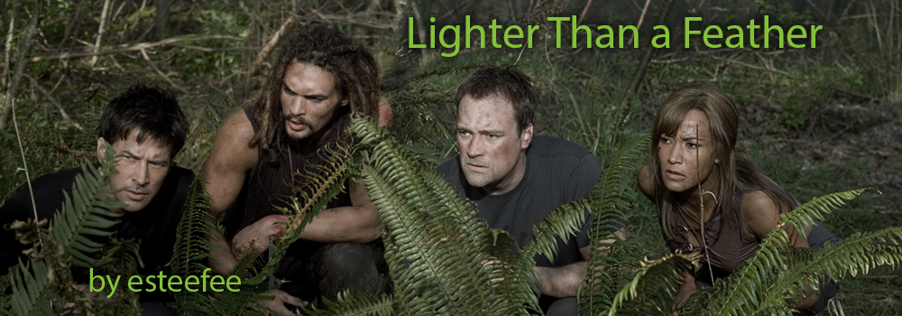 "John, Ronon, Rodney, and Teyla crouching the bushes looking dirty and alert for danger.