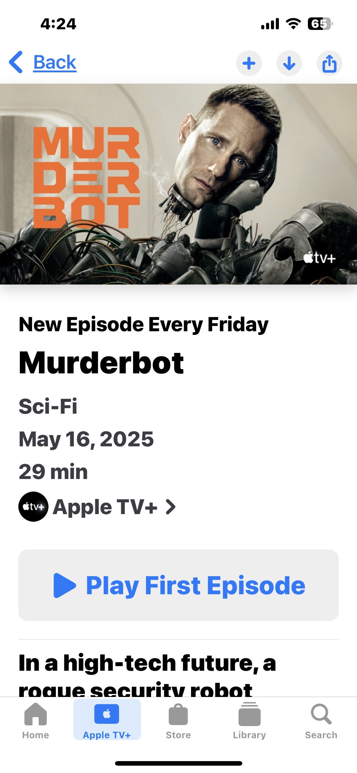 AppleTV ad for Murderbot series starring Alexander Skarsgård with his head springing off a broken robot. Details about the show streaming weekly on Friday nights starting May 16th are in bold against a white background. 