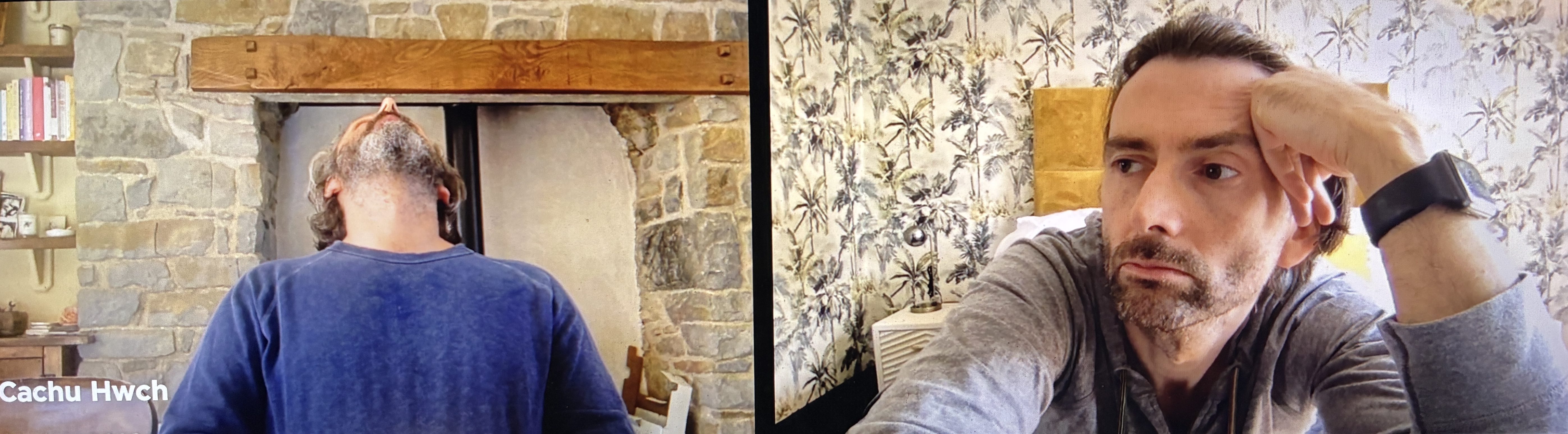 Michael Sheen with his head thrown back and David Tennant leaning on one hand with his head turned toward the side in a split screen, the opening scene from Staged episode 1.