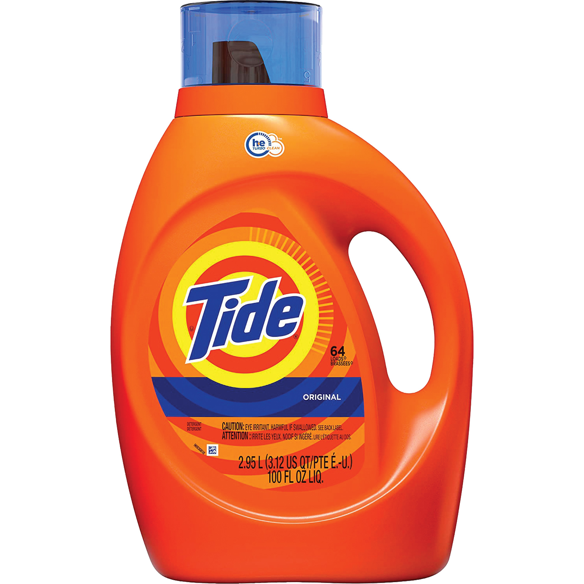 A big orange jug of Tide with a bullseye in orange and yellow and Tide in a slanted san-serif blue font. The cap is blue